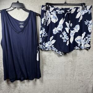 Liz Claiborne NEW 2 Piece Pajama Set XXL Tank Top & Short Stretch Blue Floral